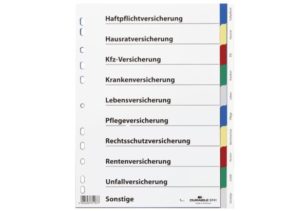 DURABLE Register mit farbigen Taben mit Indexblatt Versicherungen 10-tlg.